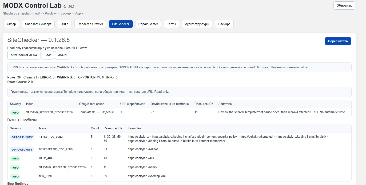 SiteChecker: группировка находок и предполагаемых источников