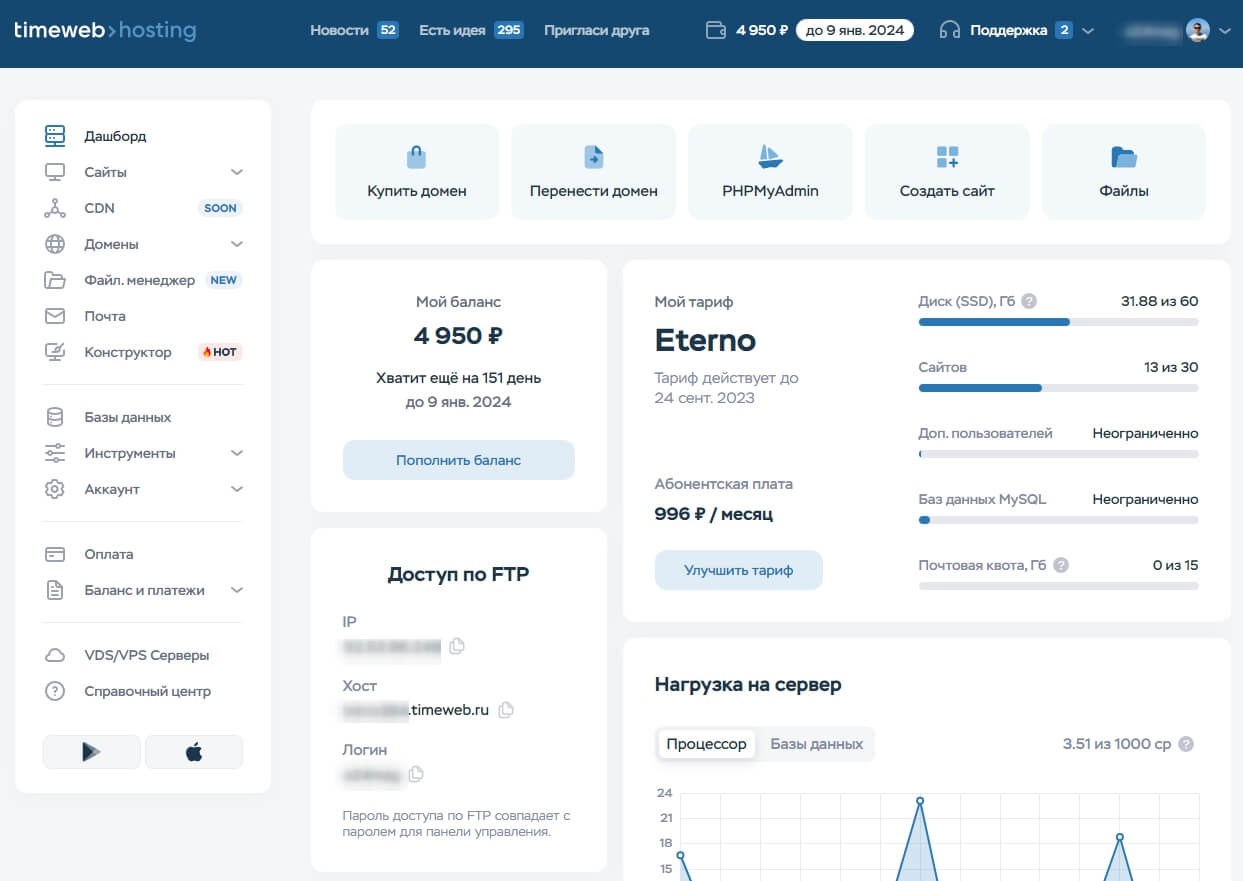 Исторический скриншот панели управления Timeweb из обзора автора