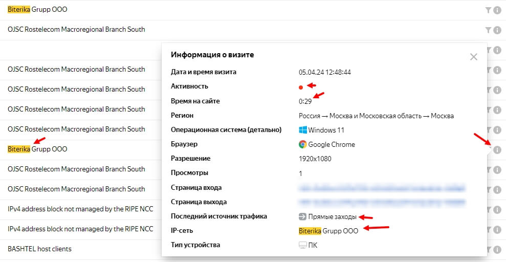 Пример аномальной активности ботов Битерики на сайте