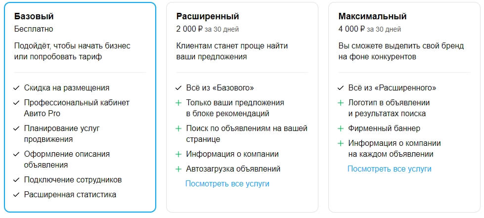 Тарифы на услуги в Avito